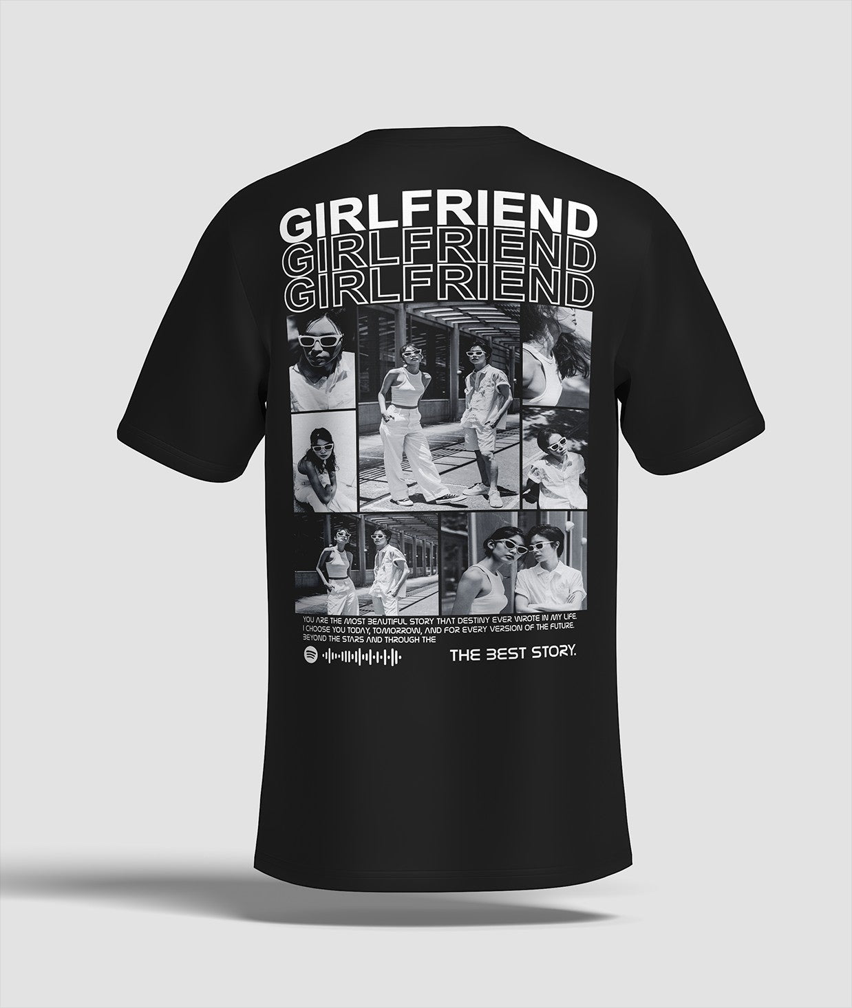 Toptan Bez Çanta black cotton t-shirt with a collage of black and white photos and the text "GIRLFRIEND" repeated.