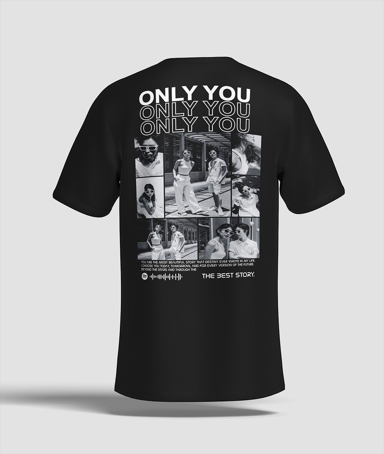 Toptan Bez Çanta black cotton t-shirt with a collage of black and white photos and text "ONLY YOU" and "THE BEST STORY".