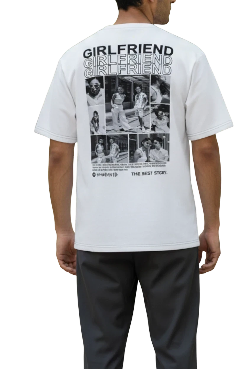Toptan Bez Çanta white cotton t-shirt with "GIRLFRIEND" repeated and a collage of black and white photos.