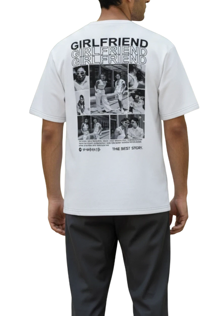 Toptan Bez Çanta white cotton t-shirt with "GIRLFRIEND" repeated and a collage of black and white photos.