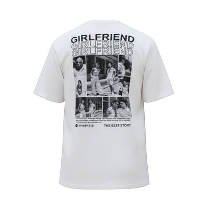Toptan Bez Çanta white cotton t-shirt with a collage of black and white photos and "GIRLFRIEND" text on the back.